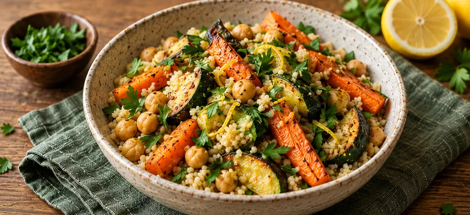 Illustrative chickpea couscous with roasted carrots and zucchini